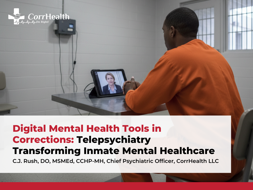 Telehealth In Corrections Transforming Inmate Mental Healthcare - Article Image of an inmate alone in an empty room, speaking to a mental health provider through a video calling device.
